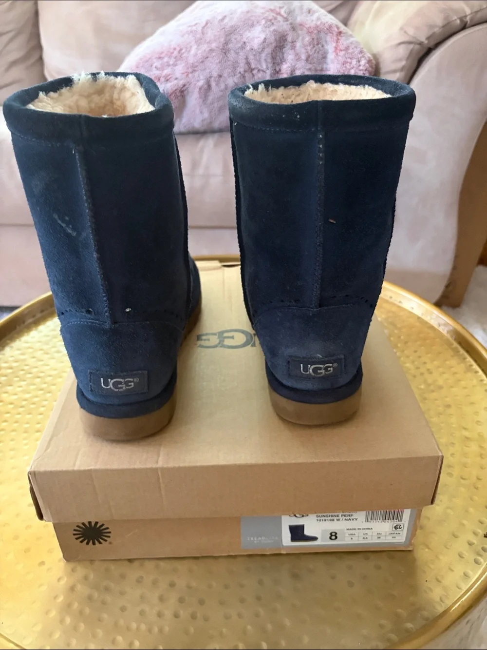 UGG Navy Perforated Suede Short Boot with Shearling